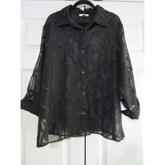 Coldwater Creek Shirt Womens Large Black Sheer Textured Button Up Blouse Top - Picture 1 of 11